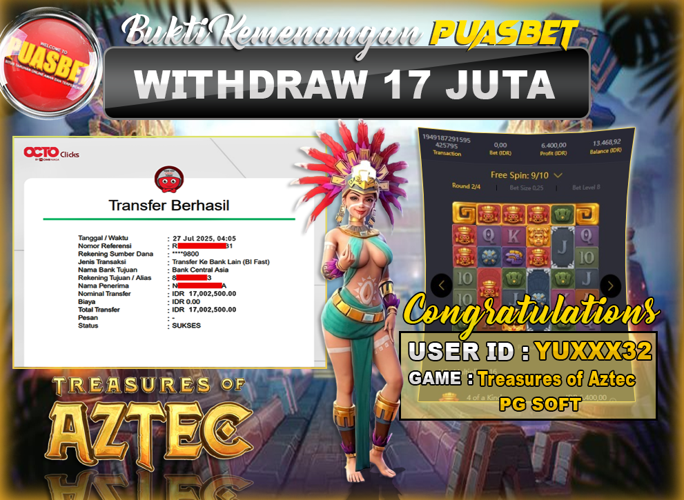 BUKTI WD PUASBET (PG Soft Treasure of Aztec Rp. 17,000,000 – LUNAS)