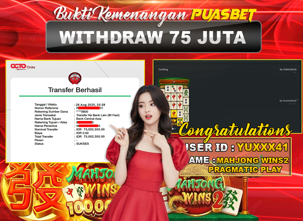 BUKTI WD PUASBET (PRAGMATIC PLAY MAHJONG WINS 2 Rp. 75,000,000 – LUNAS)