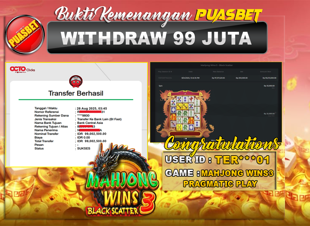 BUKTI WD PUASBET (Pragmatic Play Mahjong Wins 3 Rp. 99,000,000 – LUNAS)