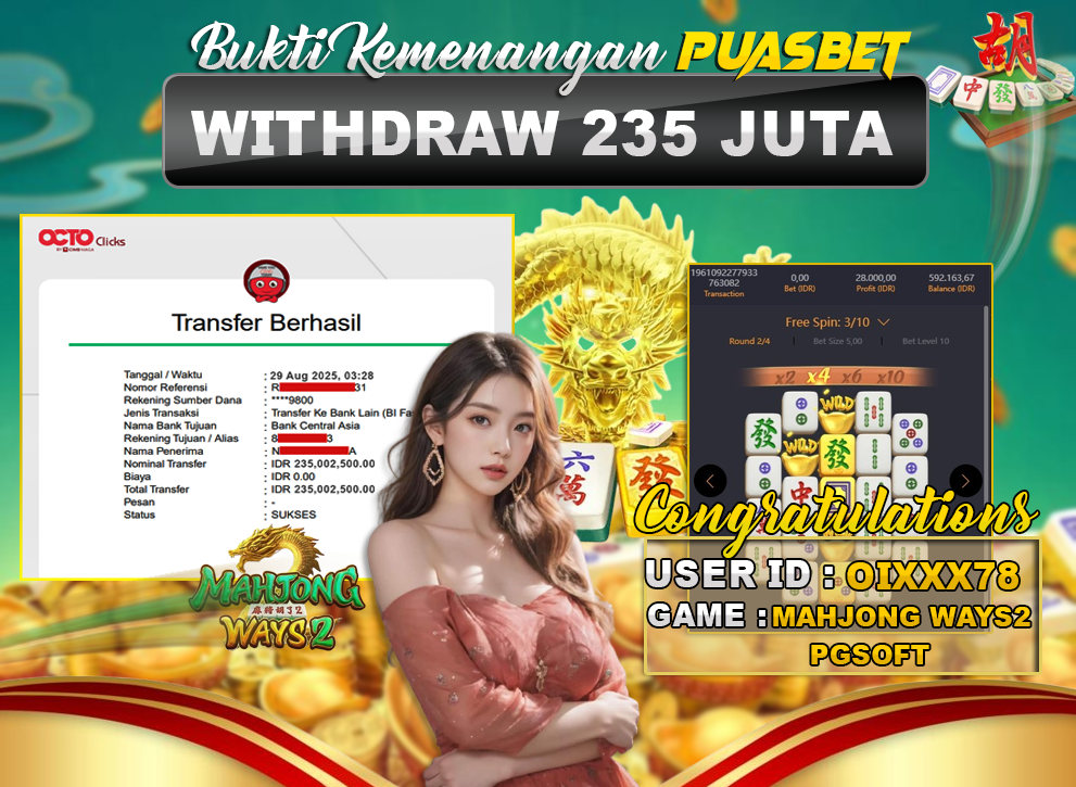 BUKTI WD PUASBET (PG SOFT MAHJONG WAYS 2 Rp. 235,000,000 – LUNAS)