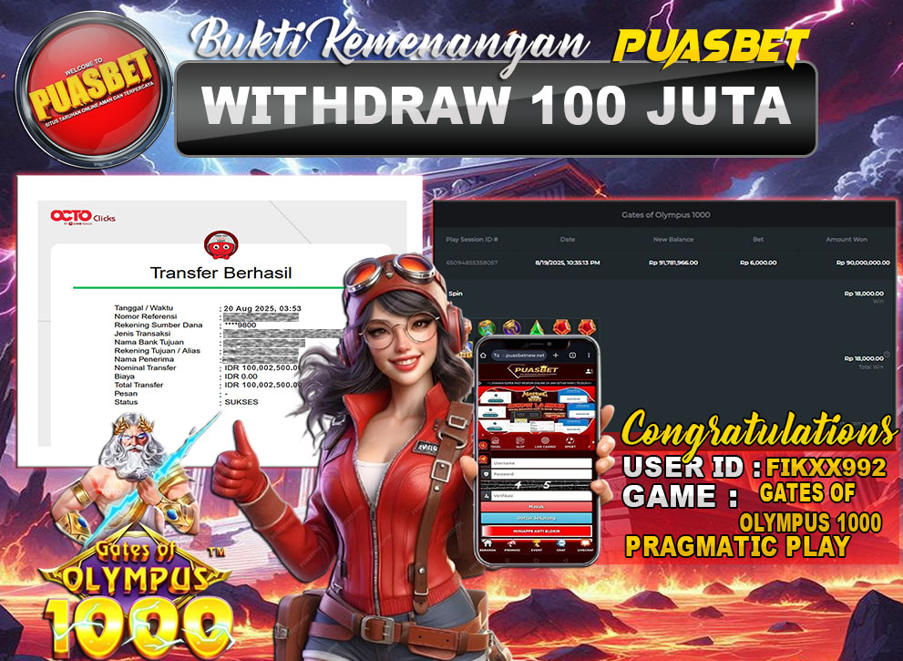 BUKTI WD PUASBET (Pragmatic Play Gates of Olympus 1000 Rp. 100,000,000 – LUNAS)
