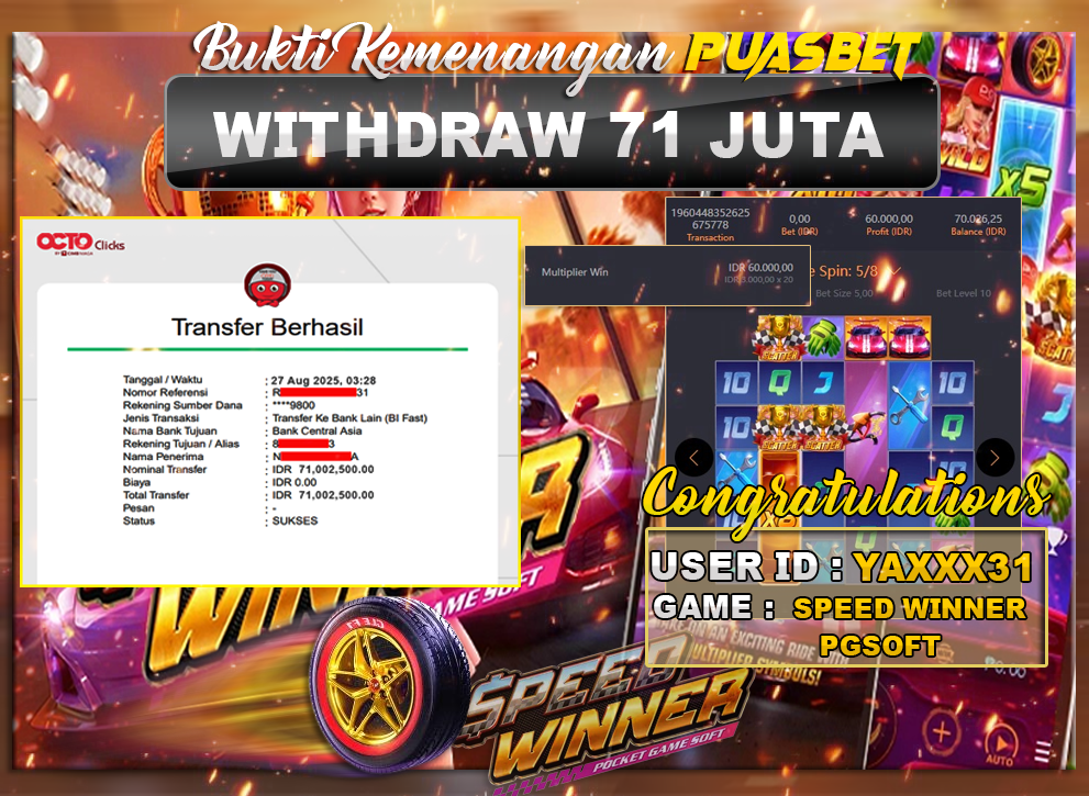 BUKTI WD PUASBET (PG SOFT SPEED WINNER Rp. 71,000,000 – LUNAS)