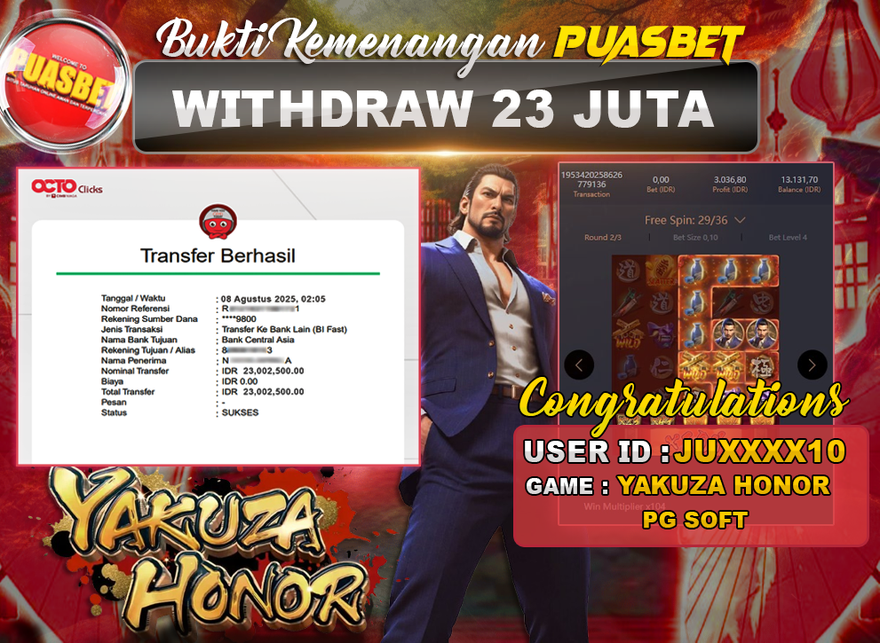 BUKTI WD PUASBET (PG Soft Yakuza Honor Rp. 23,000,000 – LUNAS)