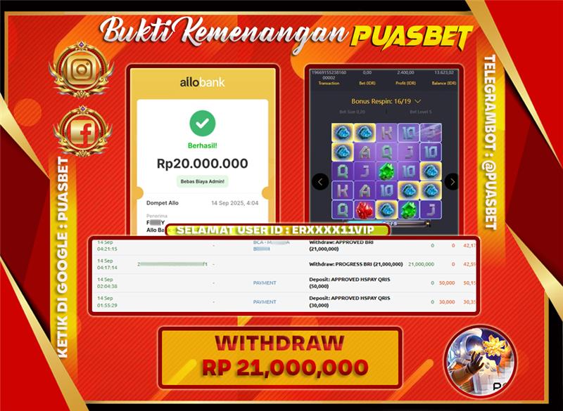 BUKTI WD PUASBET ( PG Soft Galactic Gems Rp. 21,000,000– LUNAS)