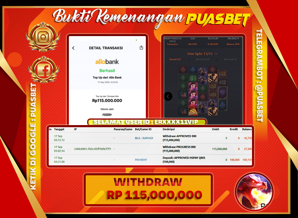 BUKTI WD PUASBET (PG SOFT Dragons Treasure Quest Rp. 115,000,000– LUNAS)