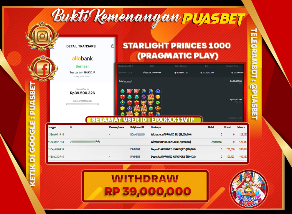 BUKTI WD PUASBET ( Pragmatic Play Starlight Princess 1000 Rp. 39,000,000– LUNAS)
