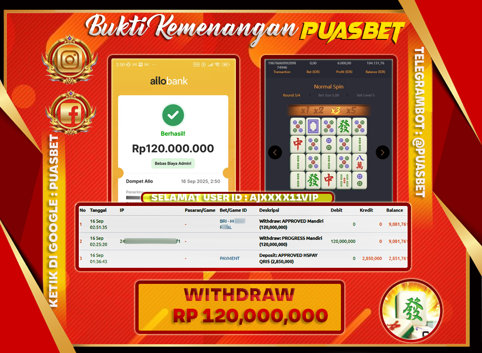 BUKTI WD PUASBET (PG SOFT Mahjong Ways Rp. 120,000,000– LUNAS)