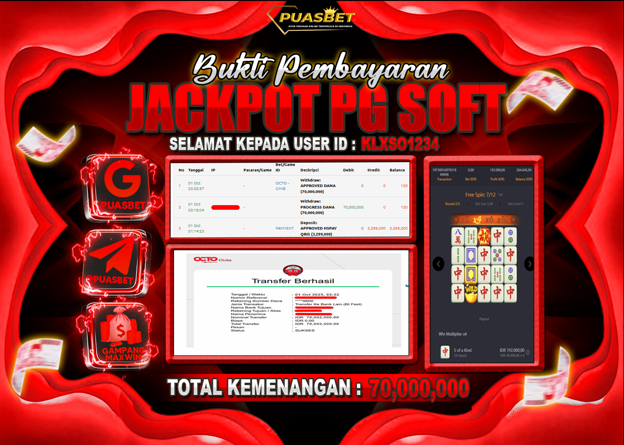BUKTI WD PUASBET (PGSOFT Mahjong Ways Rp. 70,000,000– LUNAS)