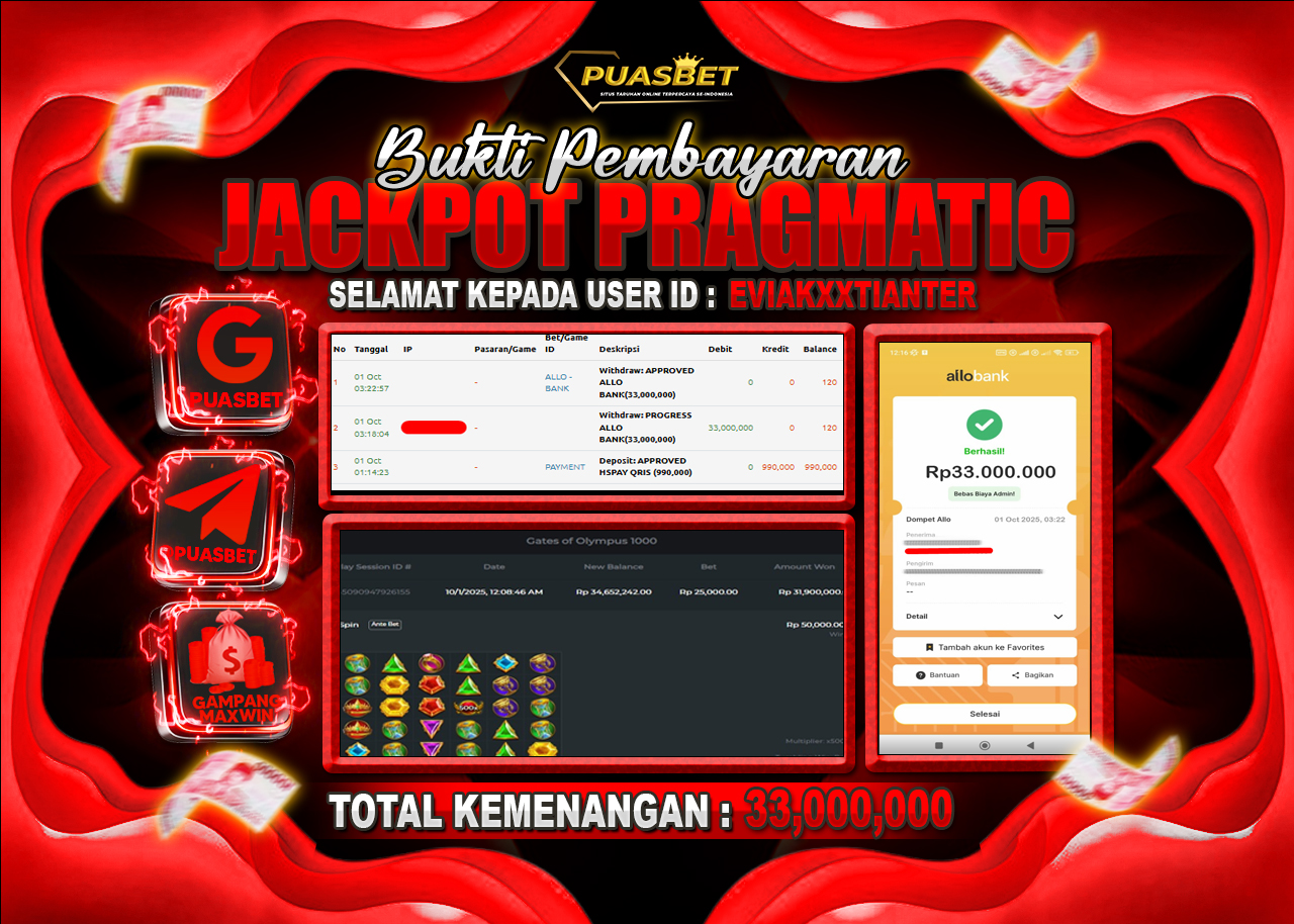 BUKTI WD PUASBET (PRAGMATIC PLAY GAME : GATES OF OLYMPUS 1000 Rp. 33,000,000– LUNAS)