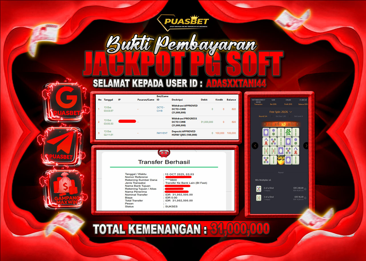BUKTI WD PUASBET (PGSOFT Mahjong Ways Rp. 31,000,000– LUNAS)