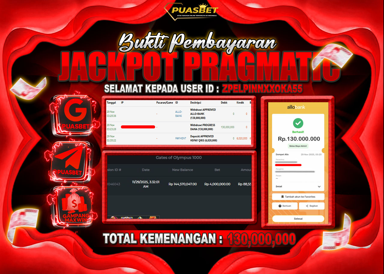 BUKTI WD PUASBET ( PRAGMATIC PLAY GATES OF OLYMPUS 1000 – Rp. 130,000,000– LUNAS)