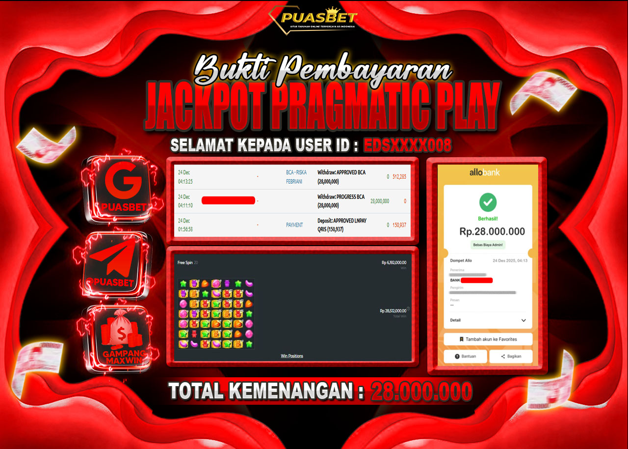 BUKTI WD PUASBET ( Pragmatic Play Sugar Rush 1000 – Rp. 28,000,000– LUNAS)