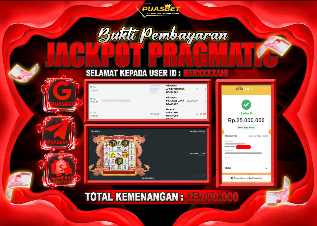 BUKTI WD PUASBET ( Pragmatic Play Mahjong Black Wins 3 – Rp. 25,000,000– LUNAS)