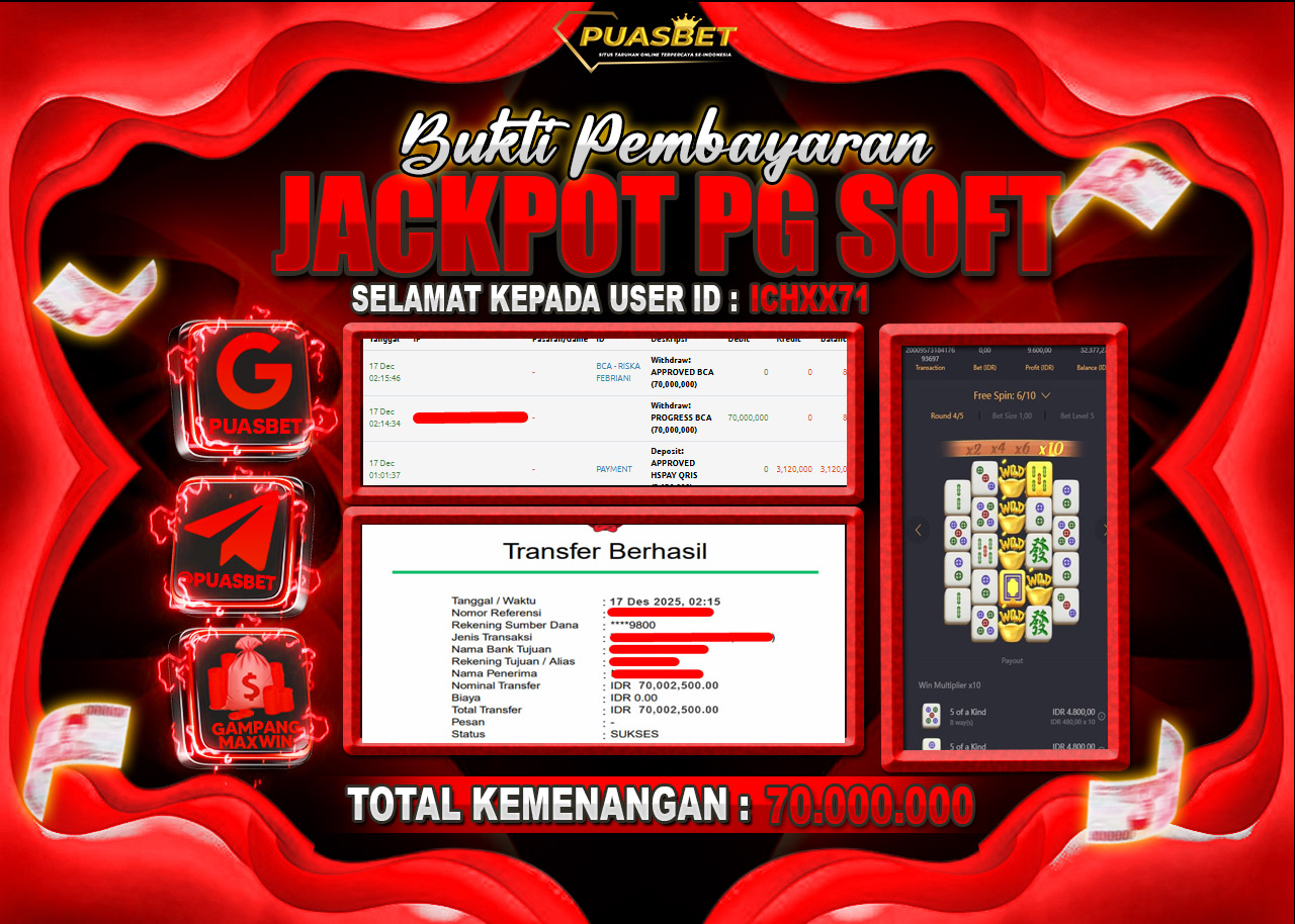 BUKTI WD PUASBET ( PG SOFT MAHJONG WAYS  1 – Rp. 70,000,000– LUNAS)