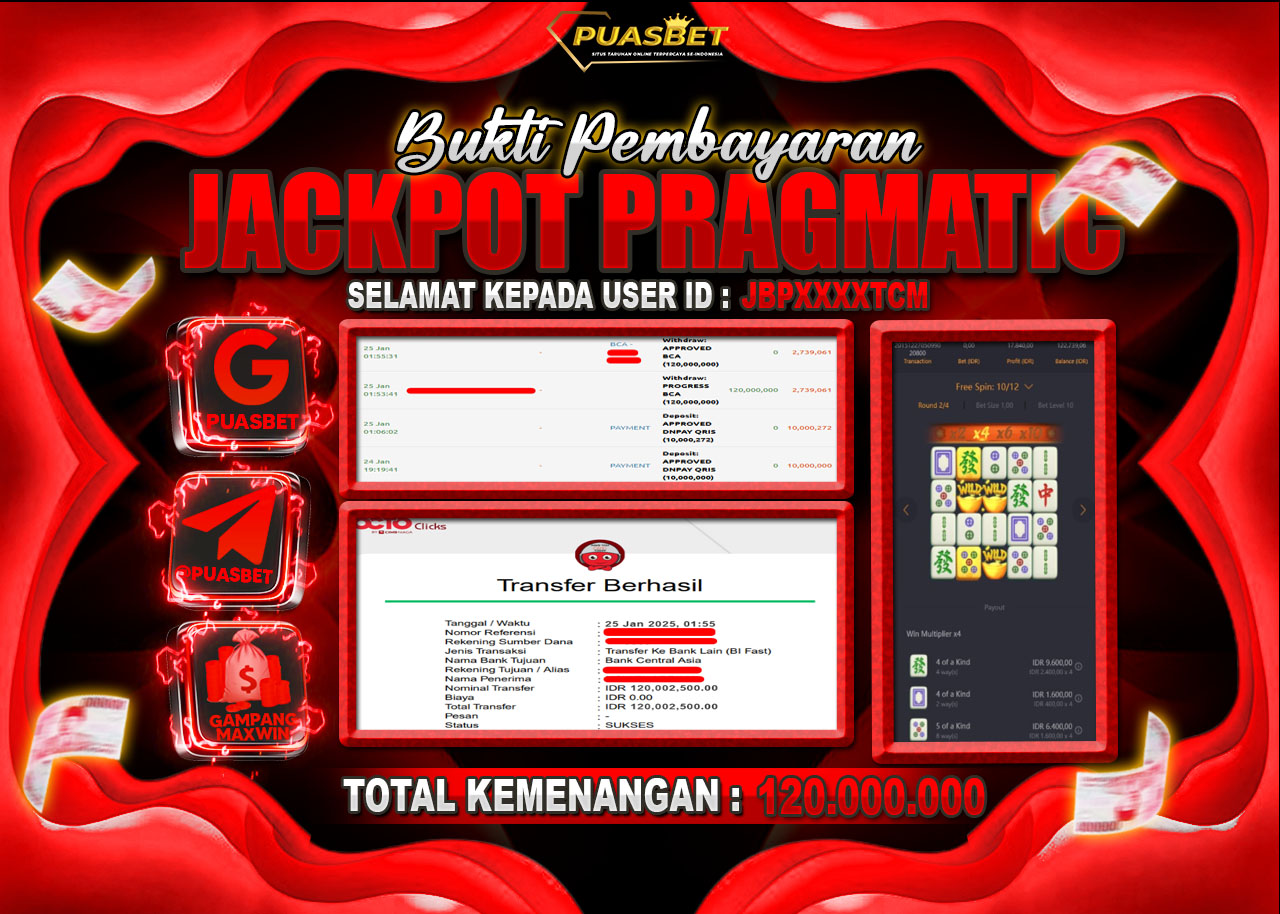 BUKTI WD PUASBET ( PG SOFT Mahjong Ways – Rp. 120,000,000 – LUNAS )