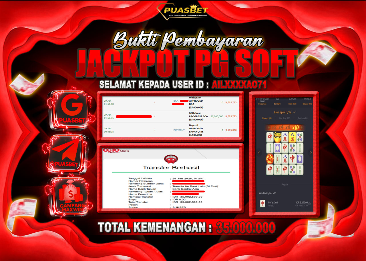 BUKTI WD PUASBET ( PG SOFT Mahjong Ways – Rp. 35,000,000 – LUNAS )