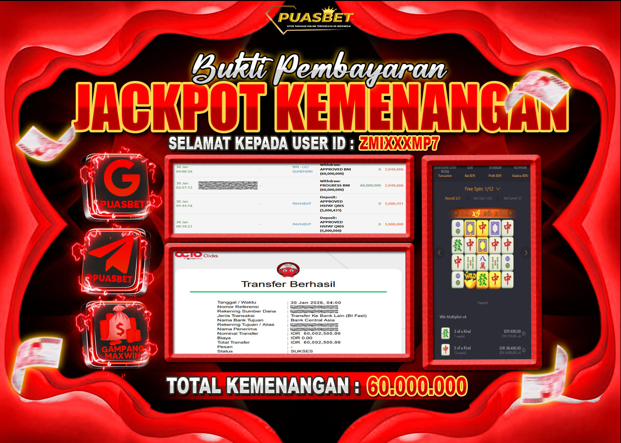 BUKTI WD PUASBET ( PG SOFT Mahjong Ways – Rp. 60,000,000 – LUNAS )