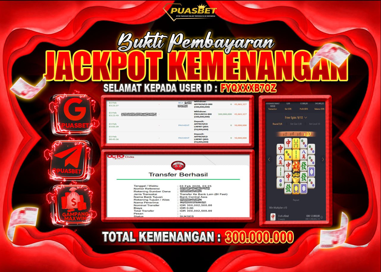 BUKTI WD PUASBET ( PG Soft Mahjong Ways 2 – Rp. 300,000,000 – LUNAS )