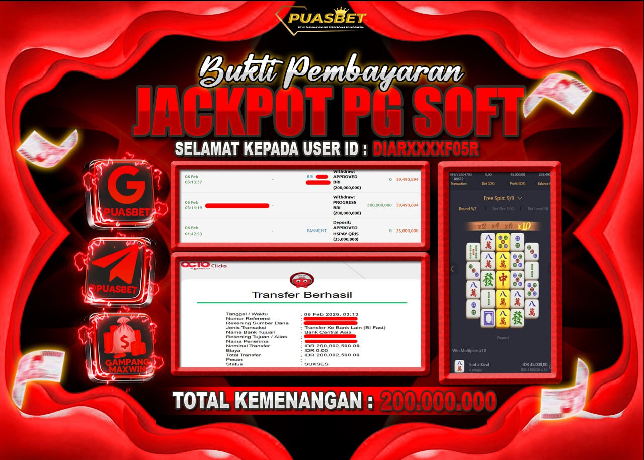 BUKTI WD PUASBET ( PG Soft Mahjong Ways 2 – Rp. 200,000,000 – LUNAS )
